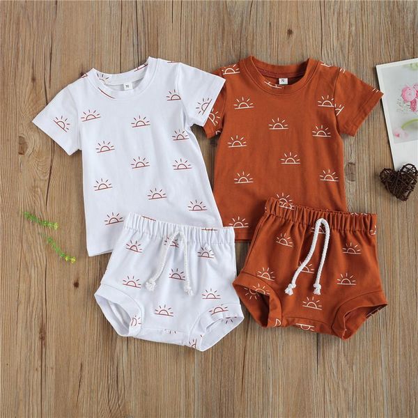 

0-3years born baby boy girl cotton clothing 2-piece outfit set short sleeve sun print tee +shorts for kids boys girls sets, White