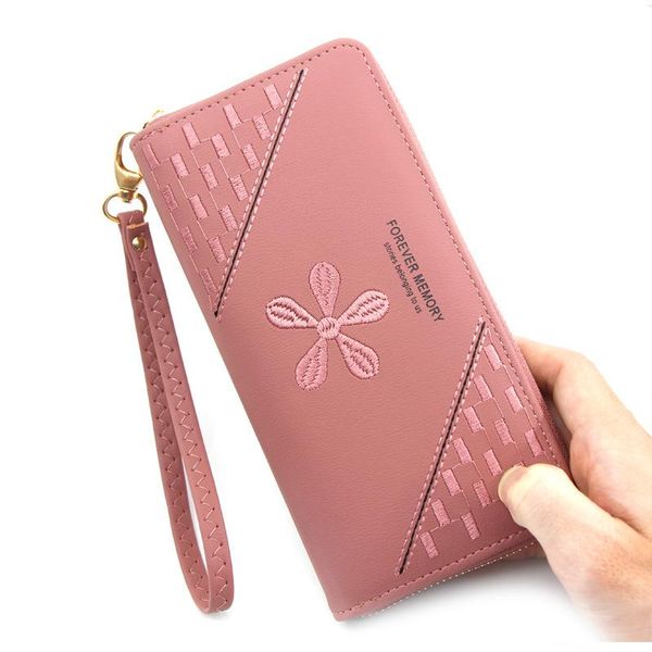 

wallets embroidered flower long women wallet wrist strap pu leather card holders many departments women's large capacity coin purse, Red;black