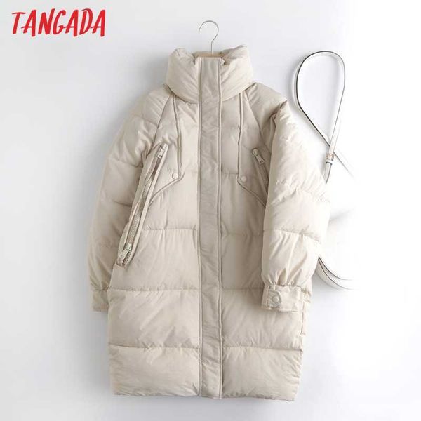 

tangada women beige oversize long parkas thick winter long sleeve zipper pockets female warm coat 7l4 210609, Black;brown