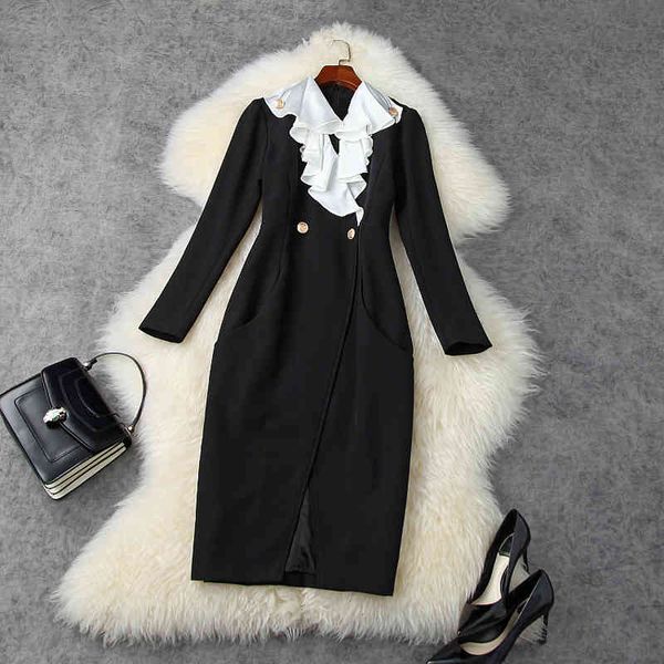 

casual dresses quality ruffle v-neck high waist autumn women fishtail party dress vintage office work package hip 7rnd, Black;gray
