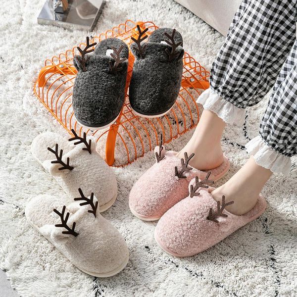 

womens slippers cute cartoon elk antlers house woman bedroom floor slight winter couple cotton shoes zapatos de mujer, Black