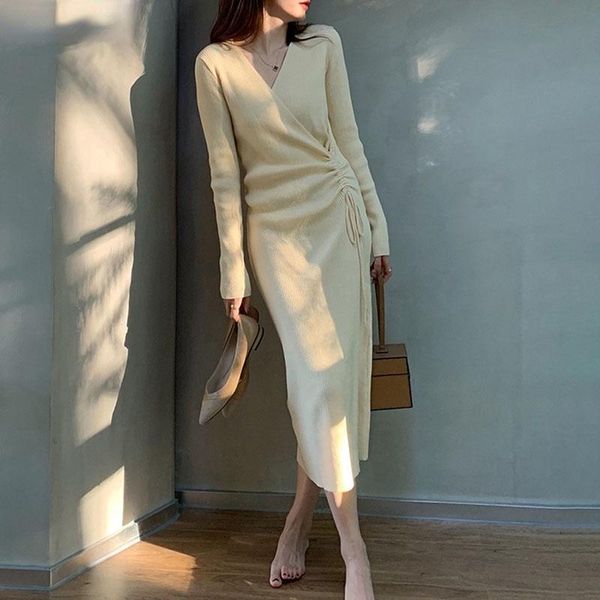 

casual dresses fashion drawstring knitted long dress women v-neck sleeve sweater bodycon solid color vestidos bottoming, Black;gray