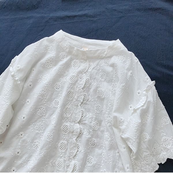 

women's t-shirt lamtrip unique floral hollow out embroidery short sleeve stand collar cotton women 2021 summer avqj, White