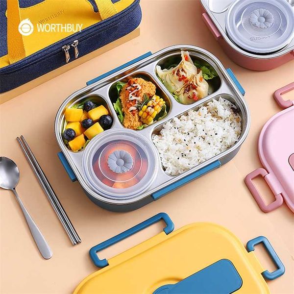 Worthbuy japonês portátil lancheira 18/8 recipiente de alimentos de aço inoxidável para crianças piquenique de escola Bento armazenamento 211104