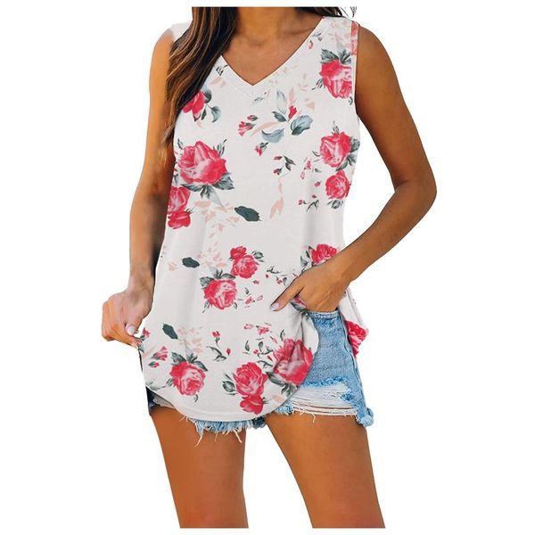 

women's blouses & shirts floral and 2021 summer plus size clothing casual v-neck off shoulder sleeveless loose printed shirt top, White