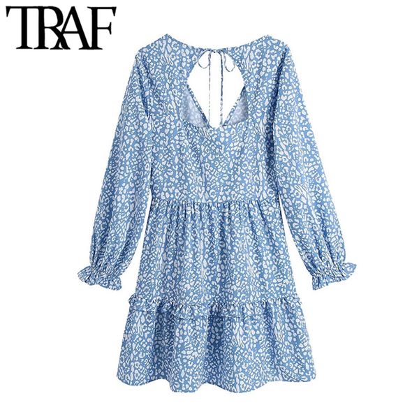 

2021traf women chic fashion animal print ruffle mini dress vintage backless bow tied side zipper female dresses vestidos, Black;gray