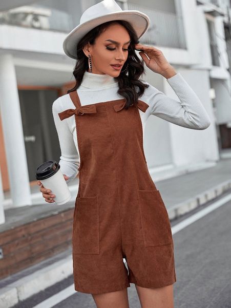 

dual pocket grommet detail knot front corduroy cami romper without k268#, White