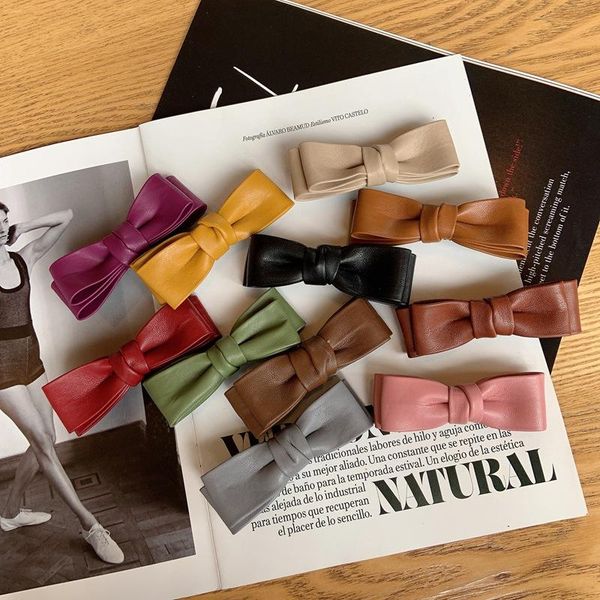 

women small size pu leather bowknot hair barrettes solid handmade double bows clips quality elegant french for girls accessories, Slivery;white