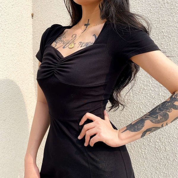 

dresses summer casual women's french split court style square neck slim black dress, Black;gray