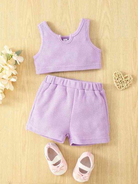 

baby waffle knit notched neck tank & shorts she, Blue