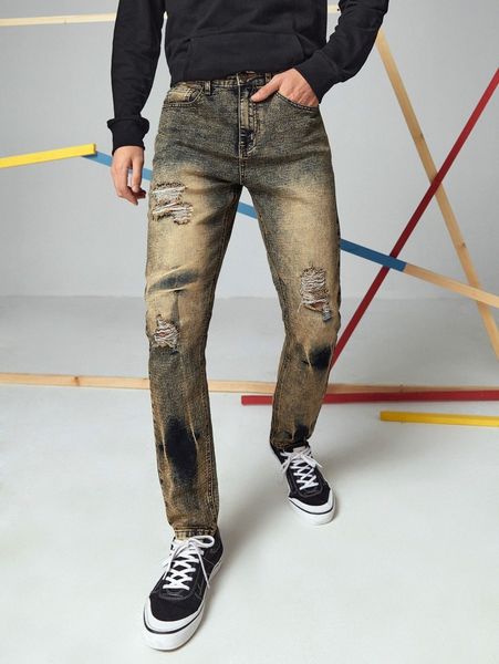 

men ripped straight leg jeans o8ew#, Blue
