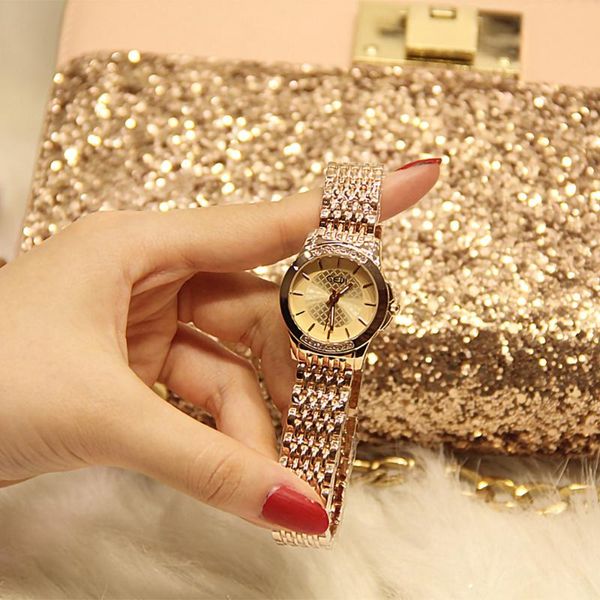 

wristwatches women's rose gold diamond inlaid micro luminous quartz steel band waterproof small bracelet watch, Slivery;brown