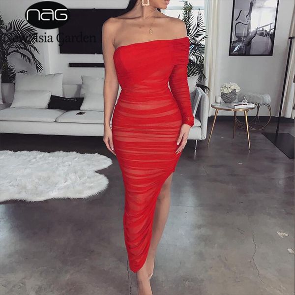 

newasia ruched summer dress women new one shoulder long sleeve club party dress red mesh side split bodycon long dress 210413, Black;gray