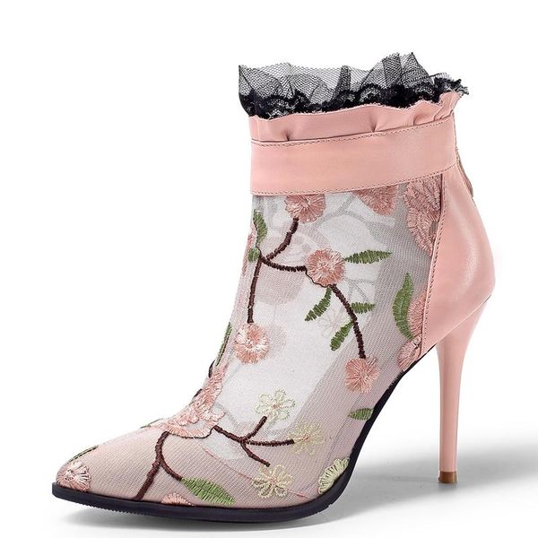 

boots women spring ankle fashion embroider short pointed toe high heels autumn female shoes, Black