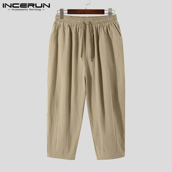 

men's pants 2021 men cotton joggers drawstring retro solid color casual wide leg trousers streetwear baggy pantalon incerun s-5xl, Black