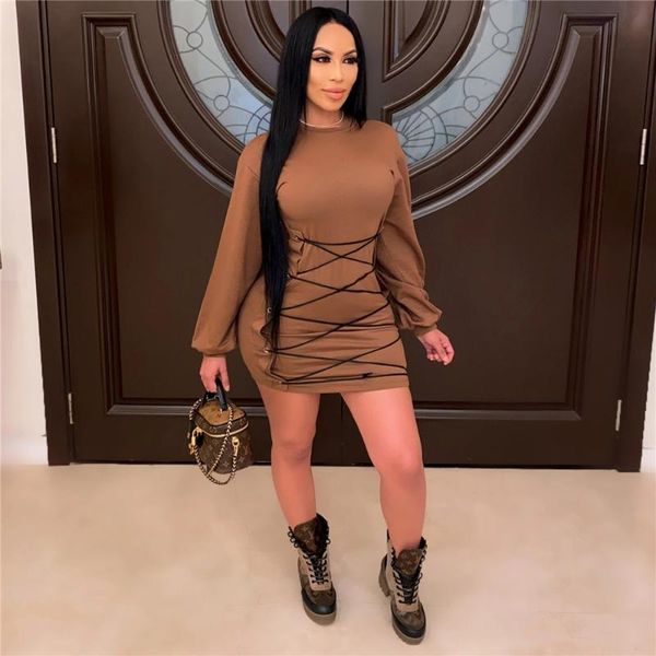 

bandage dress solid color lantern sleeve crew neck mini vestido skinny simple style autumn woman casual dresses, Black;gray