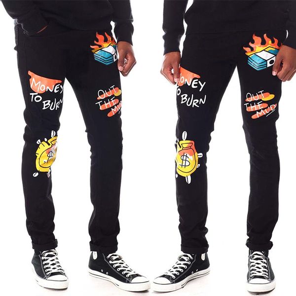

men's jeans men black motorcycle retro denim fit high waist thin comfortable pants elasticity pattern printed pencil washed trousers, Blue