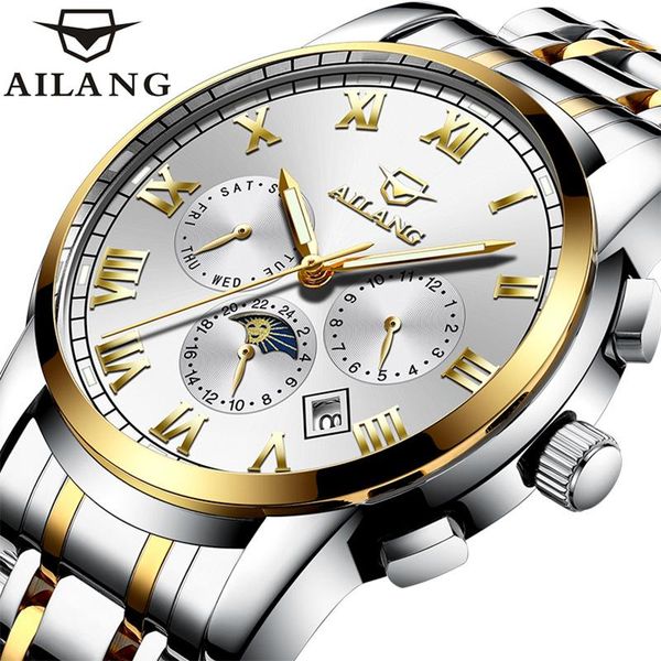 

wristwatches ailang automatic mechanical watch men stainless steel multifunction waterproof luminous calendar week month 24 hours mens clock, Slivery;brown