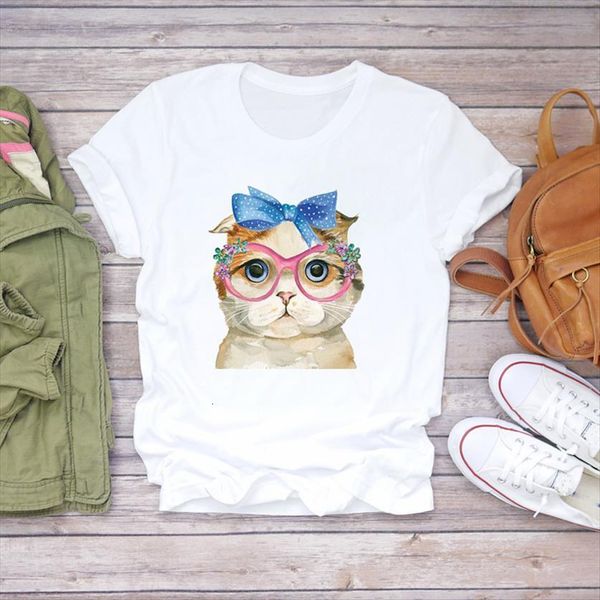 

bow cat animal womens t shirt short sleeve printing kawaii graphic ladies print lady female tee, White