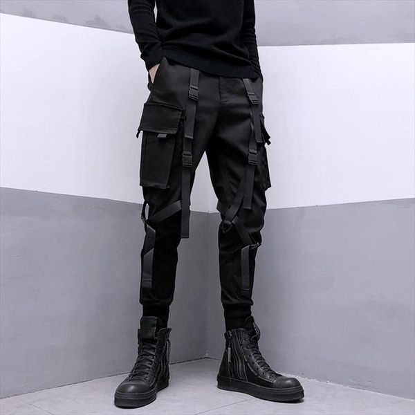 

trend, function and tactics, women pant multi pocket ribbon paratrooper overalls, street fashion brand harem pants, Black