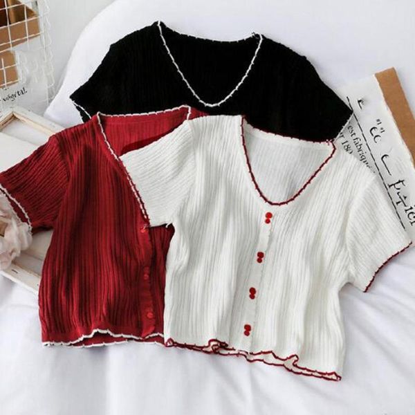 

women's t-shirt t-shirts women knitted cute crop tees female buttoned up v-neck solid short sleeve casual 2021 summer for, White