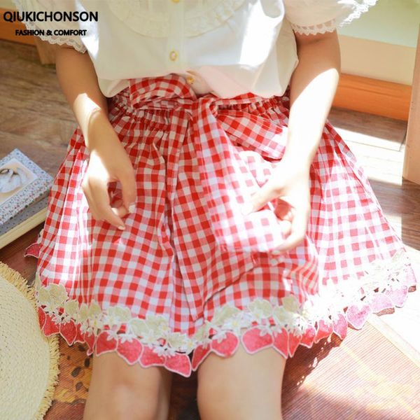 

skirts japanese soft girl kawaii strawberry embroidery lolita skirt women summer bowtie high waist red checkered mini plaid teens, Black