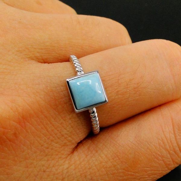 

cluster rings selling natural dominica larimar ring 925 sterling silver square womens for gift / engagement wedding party, Golden;silver