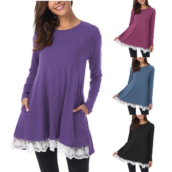 

casual dresses women summer dress 2021 loose big yards pure color round collar pocket long-sleeved mini vestido de mujer lcy8630, Black;gray