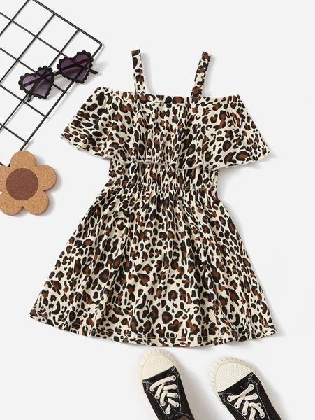 

baby leopard print cold shoulder ruffle trim dress she, Red;yellow