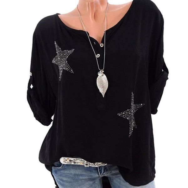 

autumn pentangle rhinestone long sleeves women round neck pullover loose mx8, White
