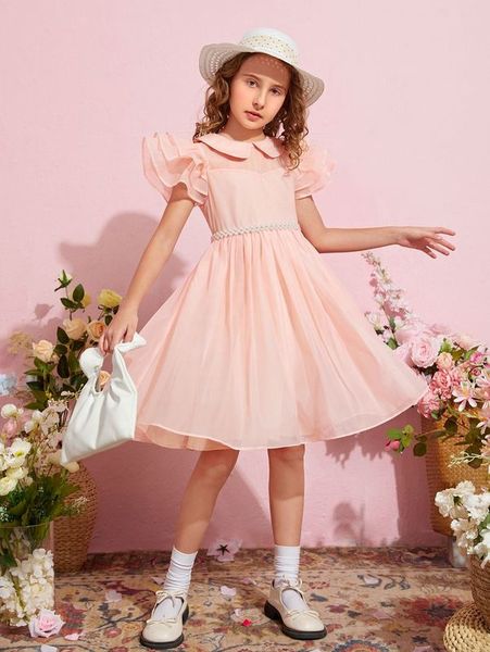 

girls peterpan collar pearls beaded layered sleeve dress she, Red;yellow