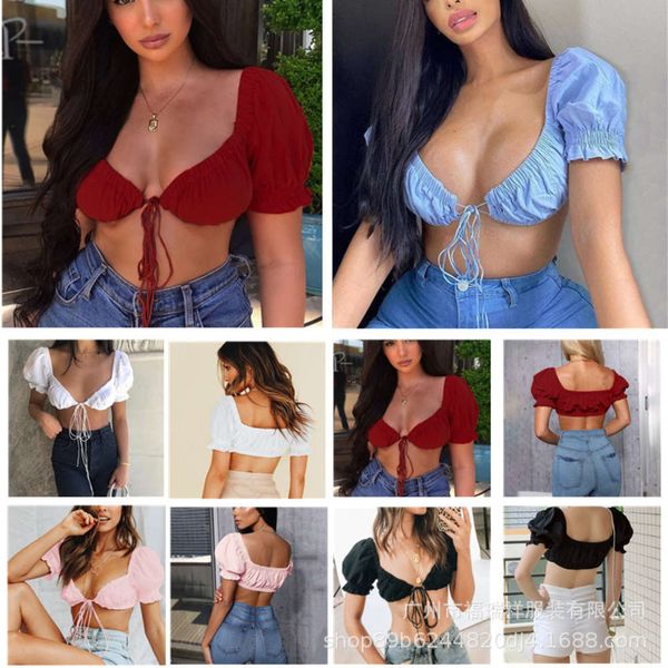 

women's summer solid lace up breast wrapped short blouse, Red;black