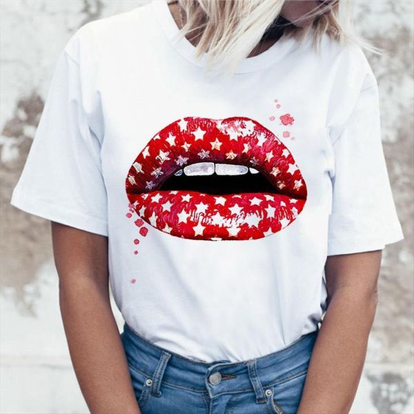 

lips casual women t shirt short sleeve fashion kawaii printed summer tee harajuku female, White