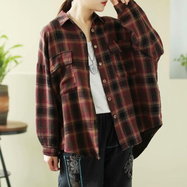 

women's jackets korean style 2021 turn-down collar cotton linen plaid shirt women loose short casual jacket literary retro, Black;brown