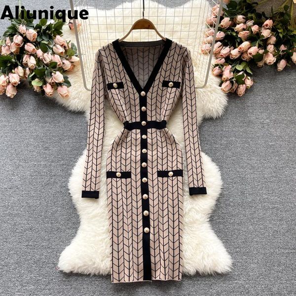 

casual dresses aliunique women autumn knitted splicing long dress fashion slim elastic bodycon lady v-neck warm sweater clothing, Black;gray