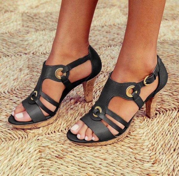 

sandals 2021 hollow high heels women pumps ladies shoes classic plus size34-43 buckle strap, Black