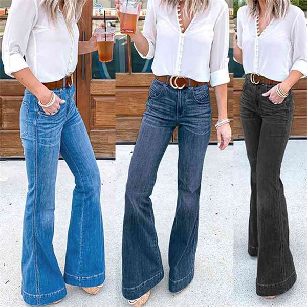 Jeans da donna a vita alta eleganti per le donne Pantaloni a zampa di jeans dritti lavati neri blu Vintage Streetwear D30 210708