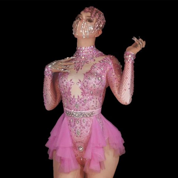 

stage wear sparkly rhinestone lace bodysuit women elastic tights mesh ruffles crystal nightclub dancer gogo outfits xs2381, Black;red