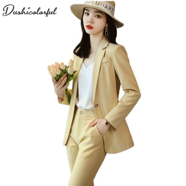 

women's two piece pants women's suit office blazer solid stripe jackets elegant coat female 2 set 2021 slim outfit with high waist, White