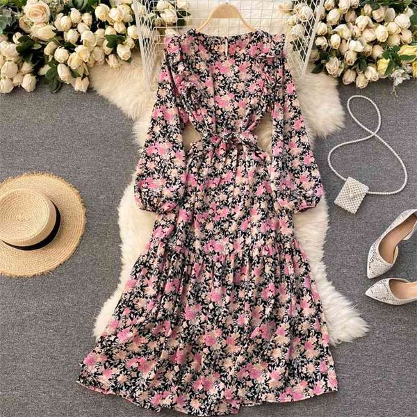

women fashion floral print sweet round neck long sleeve high waist slim a-line dress party elegant clothes vesitdos r662 210527, Black;gray