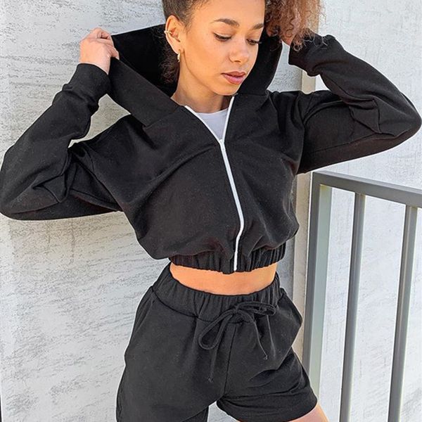 

women's tracksuits fufucaillm autumn fashion suit for womens casual zipper long sleeve hoodie sweatshirt + high waist shorts 2pcs sets, Gray