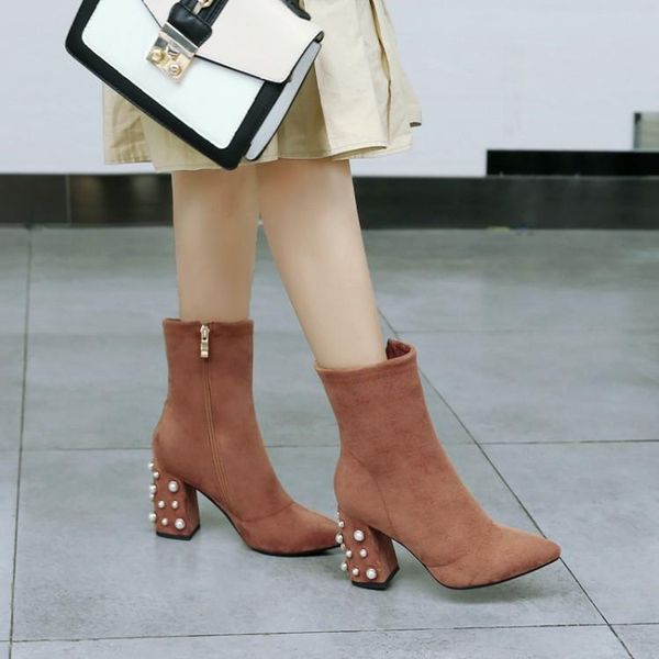 

boots big size pearl zipper with pointed suede and thick heels, Black