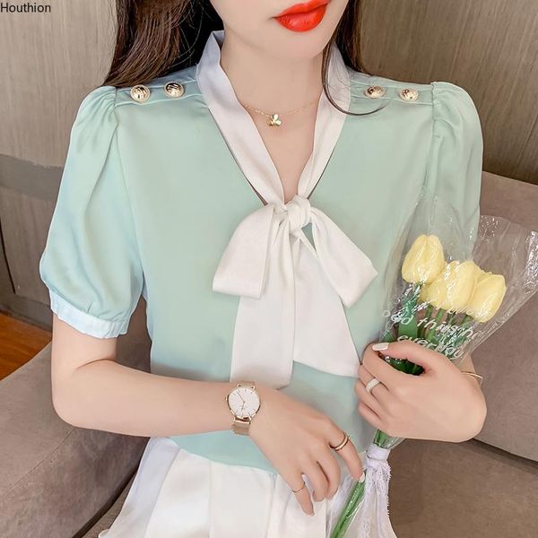 

women's blouses & shirts chiffon slim casual blouse solid color bow tie shirt summer fashion short sleeve lady blusas houthion, White