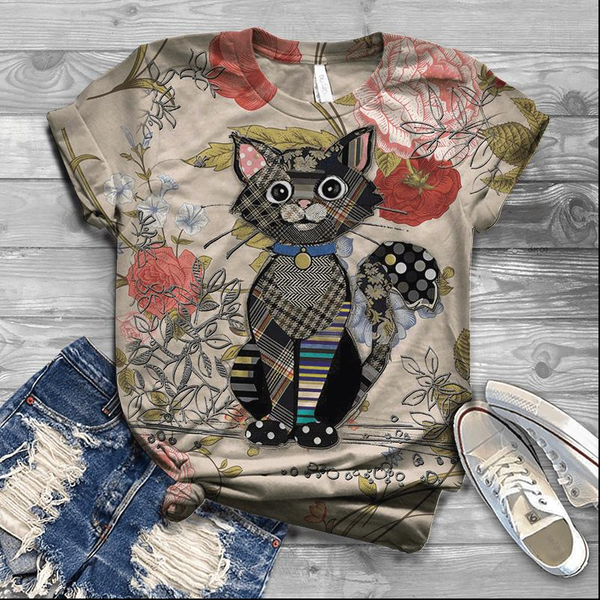 

cartoon animal 3d print womens summer funny loose oversized cow tees harajuku streetwear cat, White