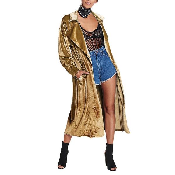 

women's trench coats autumn fashion women long sleeve velvet outwear solid color lapel cardigan coat, Tan;black
