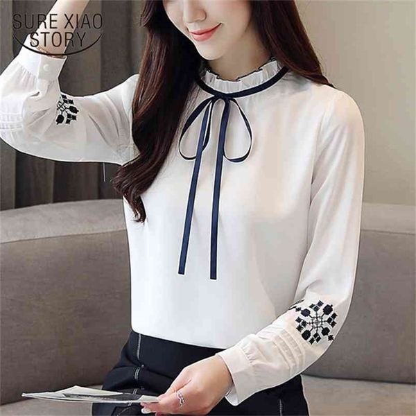

autumn embroidered chiffon women blouse shirt long sleeve slim bow tie femme bottoming clothing 0857 30 210506, White