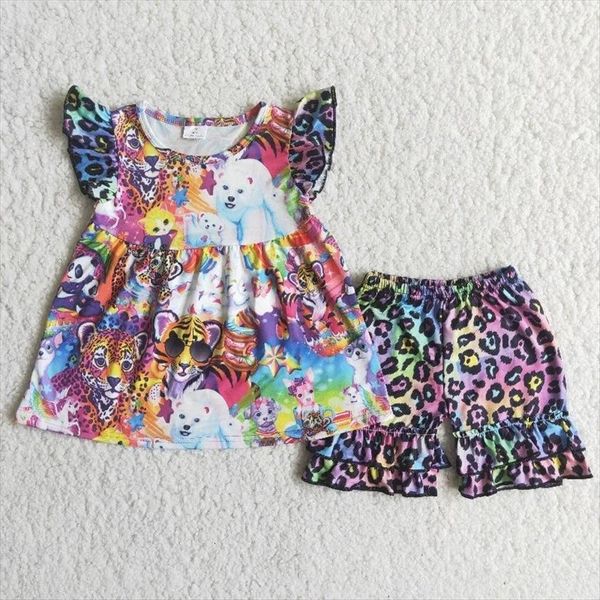 

wholesale baby girl summer fashionable animal clothes short sleeve shirt children set colorful leopard shorts kids outfit, White
