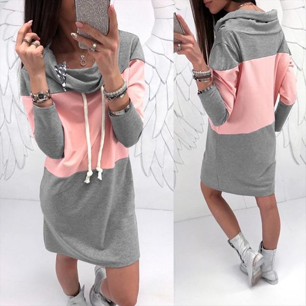 

leosoxs spring autumn casual loose womens dress turtleneck color matching patchwork long sleeve gray pink ladies, Black;gray