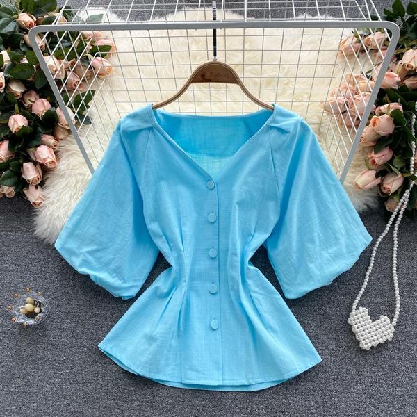 

women's polos french puff sleeve shirt summer dress 2021 temperament v-neck button slim pure color all-match age-reducing top, White