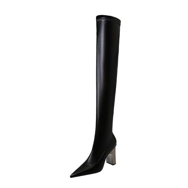 

boots women metal thick soles high heels pointed long nightclub thin foot knee fashion simple black shoes